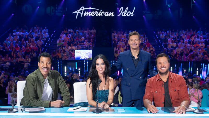 "American Idol" judges Lionel Richie, Katy Perry, "Idol" host Ryan Seacrest and judge Luke Bryan on the set of the reality competition show. "Idol" reveals its top eight Sunday night.