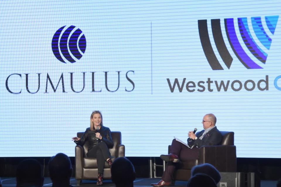 Charlie Morgan of Emmis Communications (R) and President and CEO of Cumulus Media Inc Mary Berner (L) speak onstage during day 2 of CRS 2018 on February 6, 2018 in Nashville, Tennessee. (Photo by Rick Diamond/Getty Images for CRS)