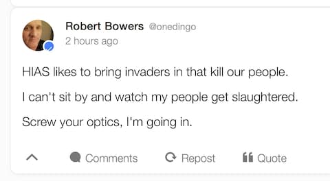 This image shows a portion of an archived webpage from the social media website Gab, with a posting by Pittsburgh synagogue shooting suspect Robert Bowers - Credit: AP