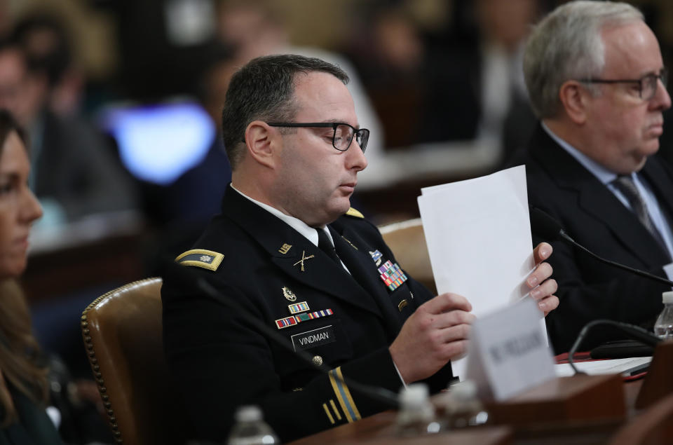 Lt. Col. Alexander Vindman, National Security Council director for European Affairs, testifies before the House Intelligence Committee Nov. 19, 2019 in Washington, D.C. (Photo: Drew Angerer via Getty Images)