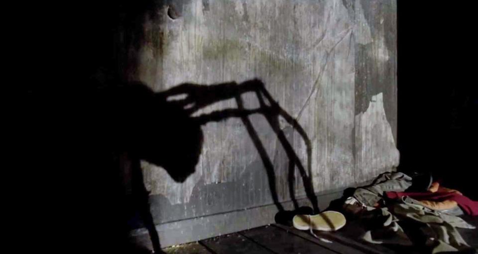 The shadow of a spider-like marionette is cast into a messy room in "Possum"