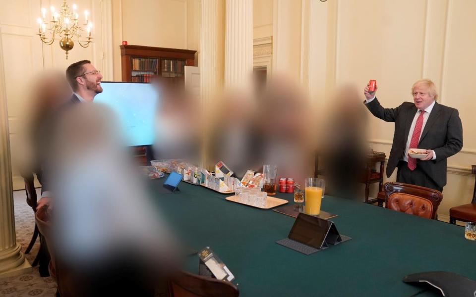 Boris Johnson (right) at a gathering in the Cabinet Room in 10 Downing Street on his birthday