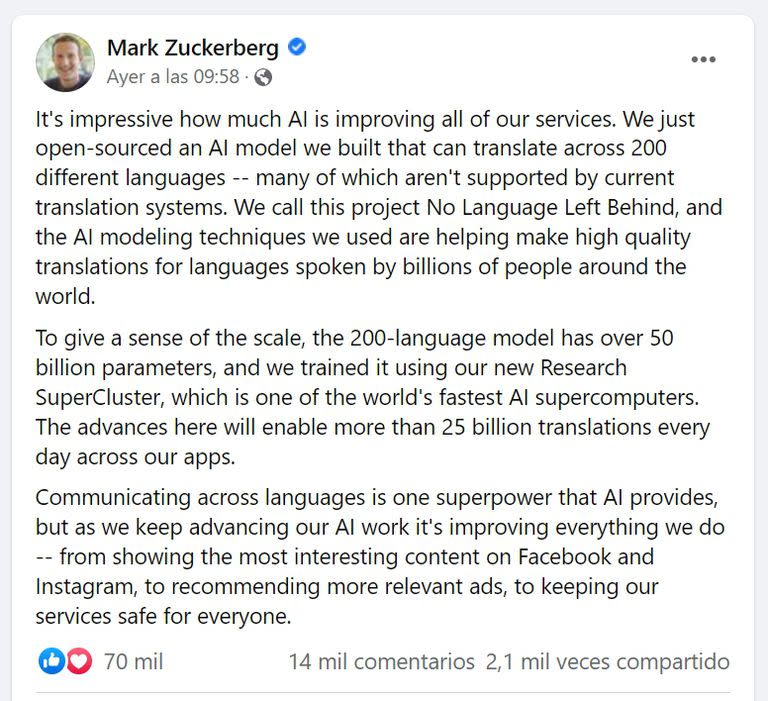 El posteo de Mark Zuckerberg anunciando el traductor universal de Meta