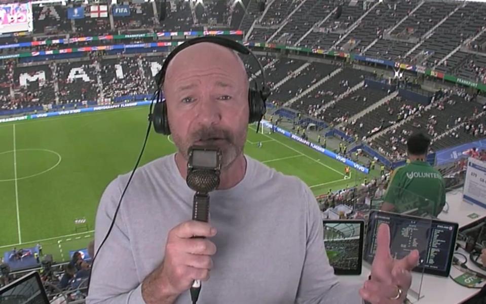 Alan Shearer working as a pundit at the stadium after England's 1-1 draw with Denmark in Frankfurt