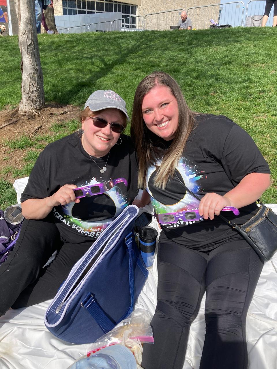 Mother and daughter Sara and Jennifer Glueckert watched the April 8, 2024, total solar eclipse together in Indianapolis. Although they watched the 2017 eclipse together, they didn't see totality, so Sara, 69, traveled from South Bend so they could watch it together.