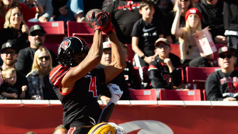 Utah Utes wide receiver Munir McClain catches the ball in the end zone for a touchdown during the game against the Arizona State Sun Devils at Rice-Eccles Stadium in Salt Lake City on Saturday, Nov. 4, 2023.