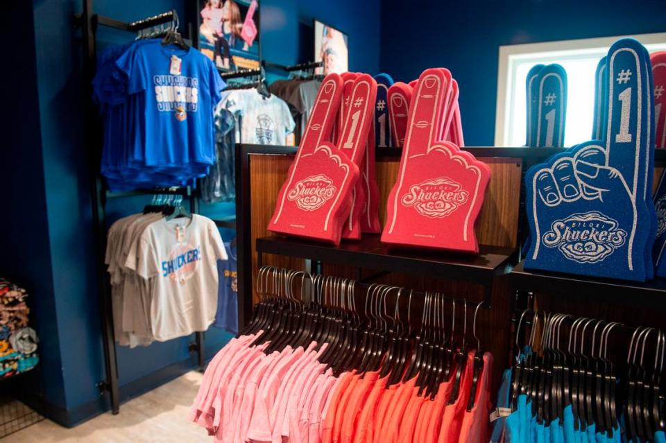 Merchandise offerings at Shuckers Shop at Shuckers Ballpark on Friday, May 10, 2024. During the offseason, Shuckers Ballpark underwent renovations, including expanding the merchandise store, allowing for more merchandise offerings.