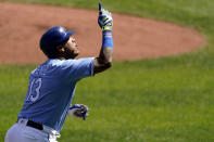 Kansas City Royals' Salvador Perez celebrates after hitting a two-run home run during the first inning of a baseball game against the Oakland Athletics Thursday, Sept. 16, 2021, in Kansas City, Mo. (AP Photo/Charlie Riedel)