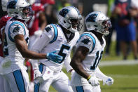 Carolina Panthers quarterback Teddy Bridgewater (5) celebrates after scoring against the Arizona Cardinals during the first half of an NFL football game Sunday, Oct. 4, 2020, in Charlotte, N.C. (AP Photo/Brian Blanco)