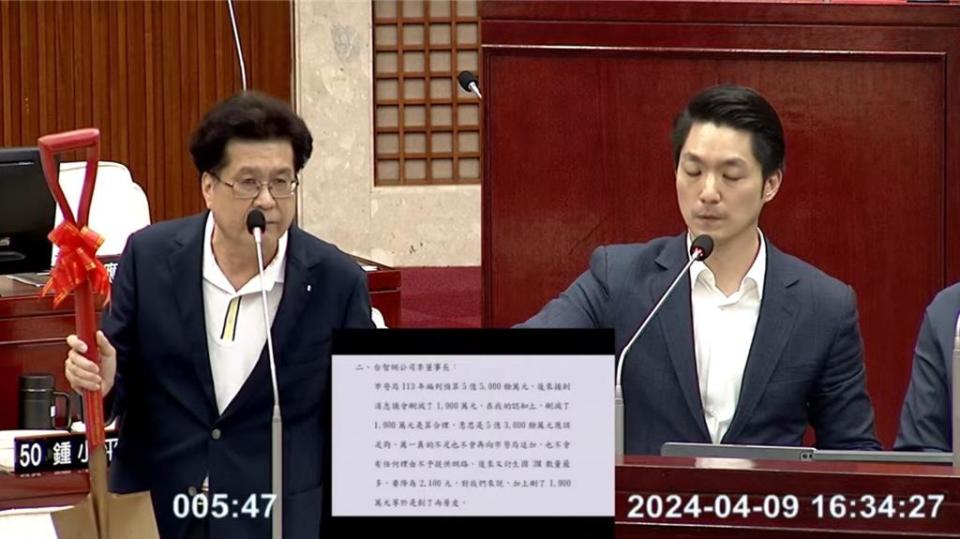 民進黨台北市議員林世宗送上前台北市長柯文哲任內動工的鏟子，盼台北市長蔣萬安持續追查台智光案、除惡務盡。（摘自台北市議會直播／劉彥宜台北傳真）