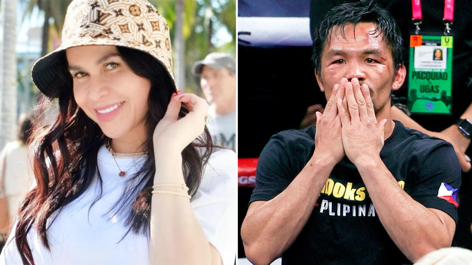 Pictured right, Manny Pacquiao blow a kiss and his wife Jinkee poses for a photo.