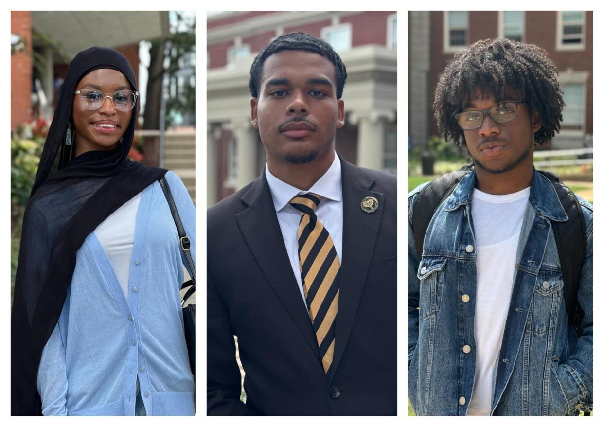 <span>L-R: Ruqayyah Taylor, a 21-year-old journalism major; Dezmond Rosier, a political science major; and freshman Elijah Sanford Abdul-Aziz.</span><span>Photograph: Melissa Hellmann/The Guardian</span>