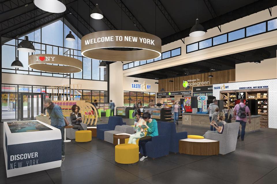 Renderings of the soon-to-be-rebuilt Thruway service plazas in New York. Phase 1 of construction is set to begin in July 2021.