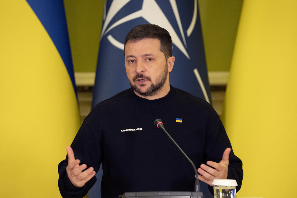 FILE - Ukrainian President Volodymyr Zelenskyy talks during a joint press conference with NATO Secretary General Jens Stoltenberg in Kyiv, Ukraine, April 20, 2023. China said Thursday, May 18, 2023 its special envoy met with Zelenskyy during talks in Kyiv earlier this week. (AP Photo/Efrem Lukatsky, File)