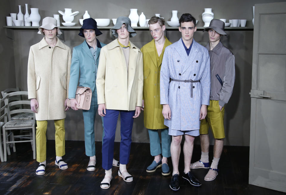 Models wear creations for Carven's Spring-Summer 2014 men's collection, presented Wednesday, June 26, 2013 in Paris. (AP Photo/Francois Mori)