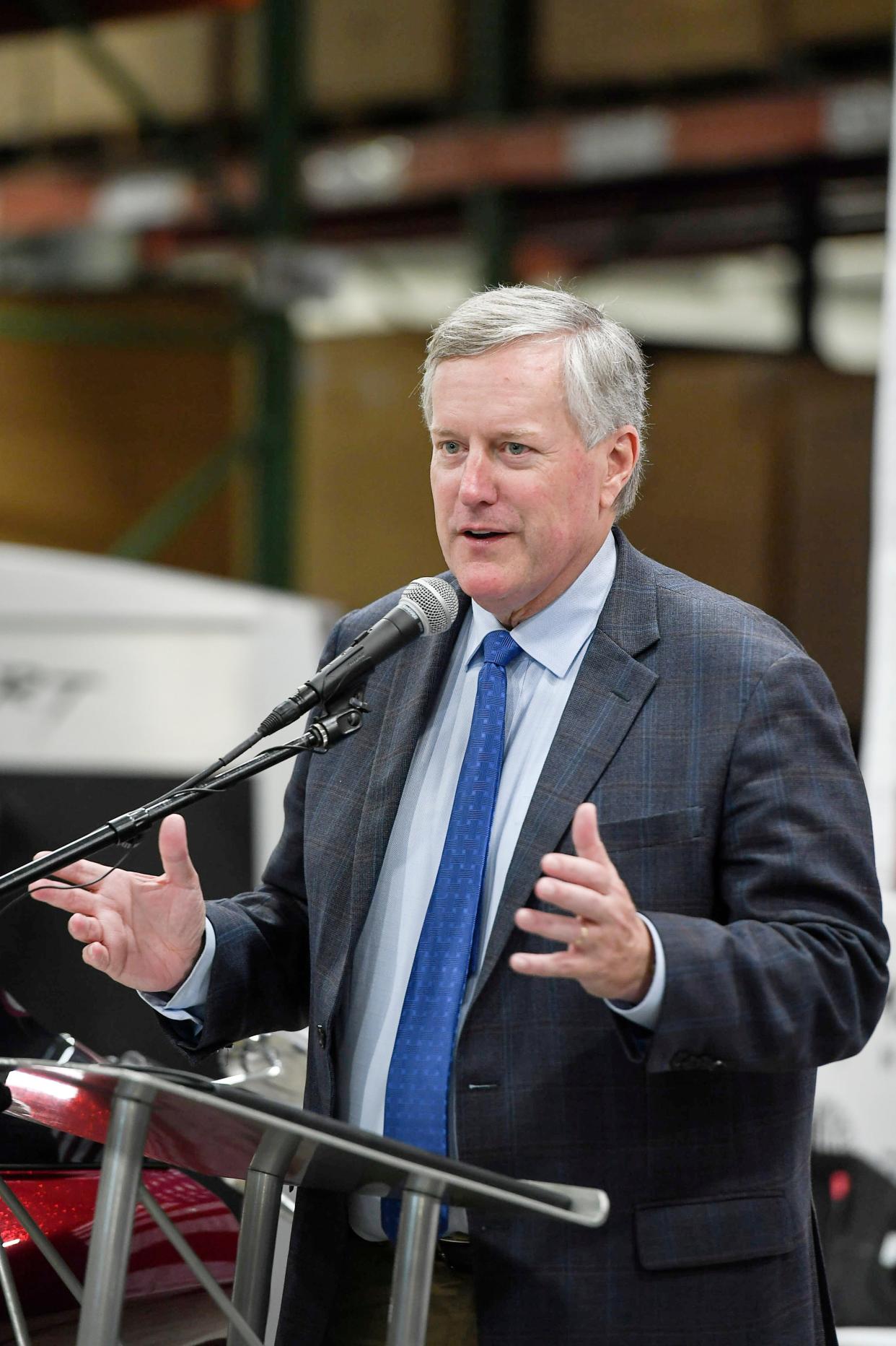 Then-Congressman Mark Meadows tours Rinehart Racing, a manufacturer of exhaust systems for Harley-Davidson and Indian Motorcycles, in Fletcher August 14, 2019.