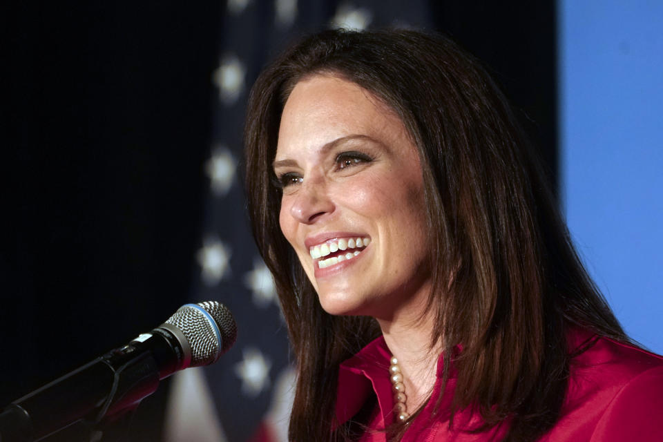 Republican gubernatorial candidate Tudor Dixon speaks at a primary election party in Grand Rapids, Mich., Tuesday, Aug. 2, 2022. (AP Photo/Paul Sancya)