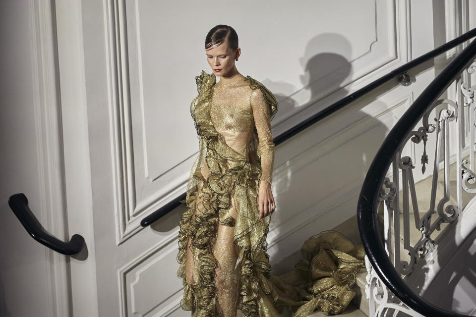 Fashion from the Christian Siriano collection is modeled during Fashion Week on Wednesday, Sept. 7, 2022, in New York. (AP Photo/Andres Kudacki)