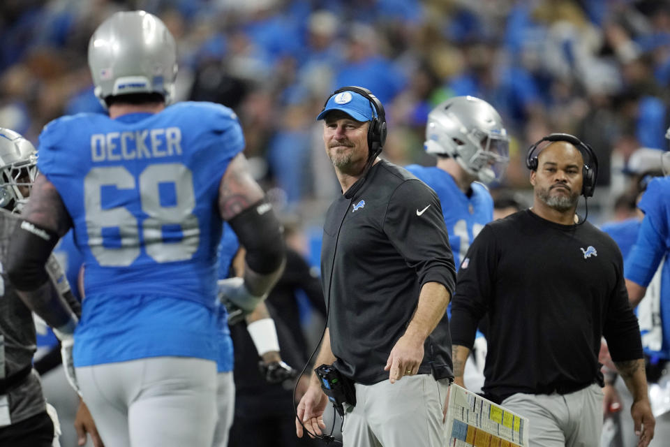 Detroit Lions head coach Dan Campbell smiles on the sideline during the second half of an NFL football game against the Chicago Bears, Sunday, Jan. 1, 2023, in Detroit. (AP Photo/Paul Sancya)