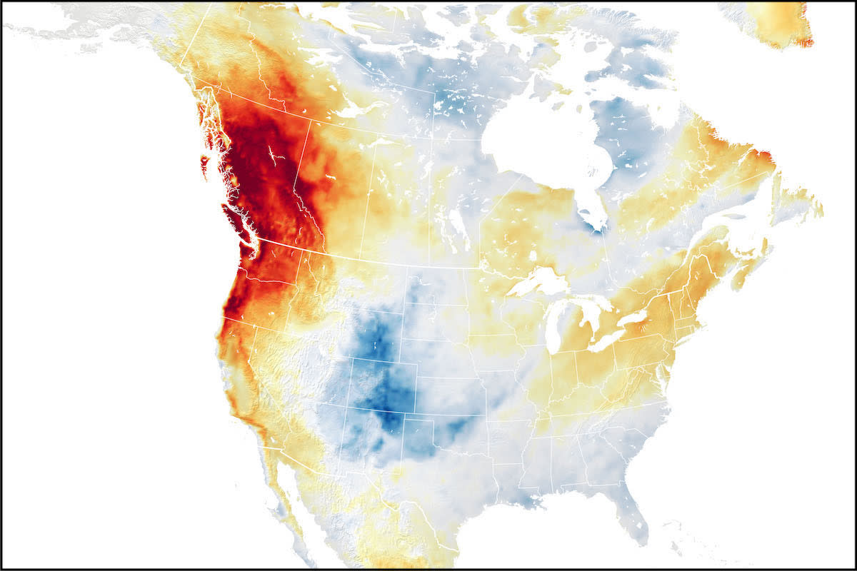 Severe heat bears down on the Pacific Northwest, June 27, 2021. Warmer colors indicate areas where weather is unusually warm. NASA