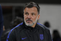 United States interim head coach Anthony Hudson stands on the sideline before an international friendly soccer match against Serbia in Los Angeles, Wednesday, Jan. 25, 2023. (AP Photo/Ashley Landis)