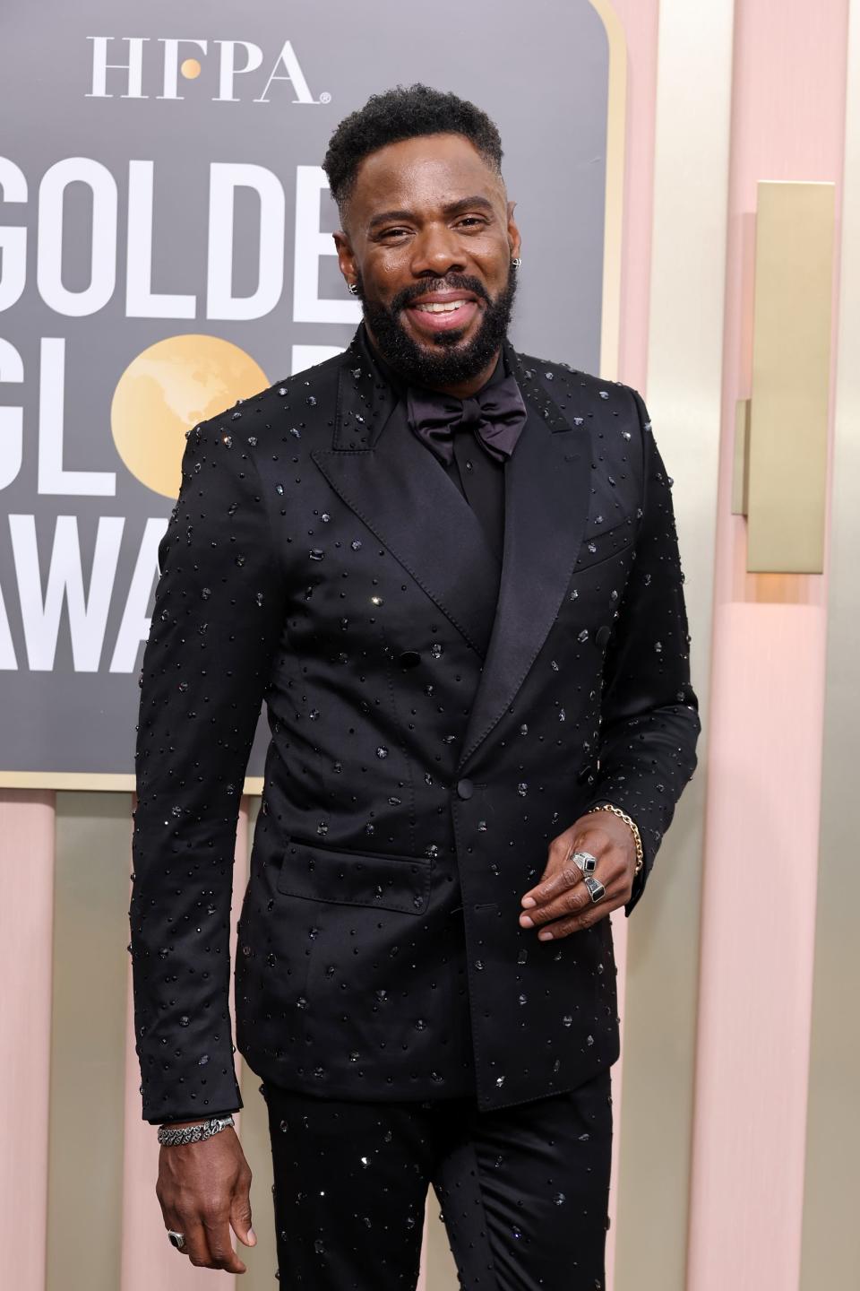 Colman Domingo wearing a black suit with crystals at the 2023 golden globes