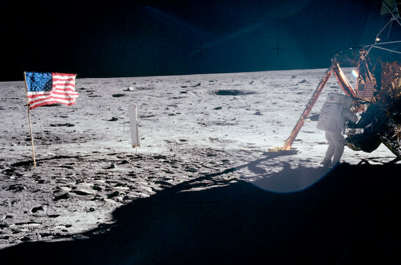 The only full-body photograph of Neil Armstrong on the moon shows him working at the Apollo 11 lunar module "Eagle" on July 20, 1969. The first man to set foot on the lunar surface was inadvertently captured on film by Buzz Aldrin, who was task