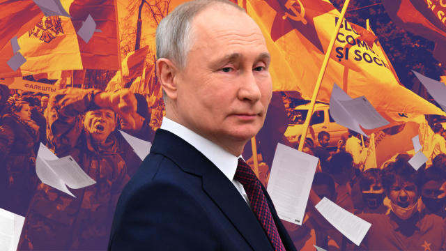 Vladimir Putin against images of documents and various people and flags.