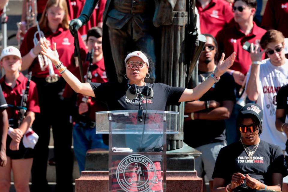 University of South Carolina Head Coach Dawn Staley acknowledges the fans after a parade through downtown Columbia and a ceremony at the South Carolina State House on Sunday, April 14, 2024. The Gamecocks women’s basketball team won the National Championship after having an undefeated season.