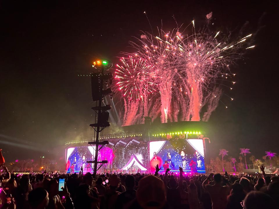 BLACKPINK's headlining set ended with an eruption of fireworks Saturday, April 15 at the Coachella Valley Music and Arts Festival in Indio, Calif.