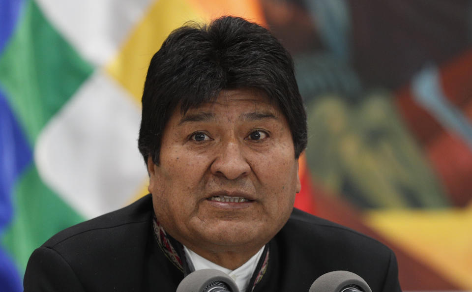 Bolivia's President Evo Morales speaks during a press conference at the presidential palace in La Paz, Bolivia, Wednesday, Oct. 23, 2019. International election monitors expressed concern over Bolivia's presidential election process Tuesday after an oddly delayed official quick count showed President Morales near an outright first-round victory — even as a more formal tally tended to show him heading for a risky runoff. (AP Photo/Juan Karita)