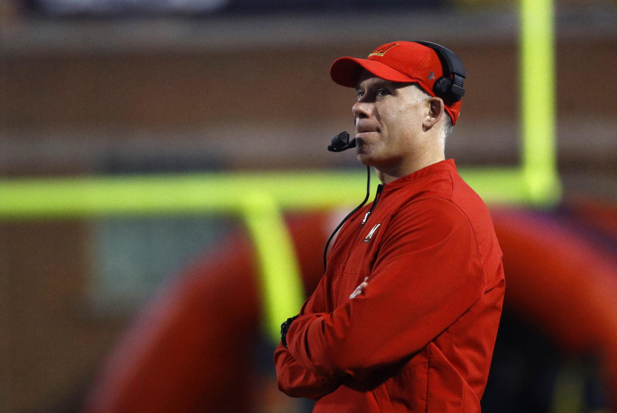 Maryland head coach DJ Durkin watches the first half of an NCAA college football game against Penn State in College Park, Md., Saturday, Nov. 25, 2017. (AP Photo/Patrick Semansky)