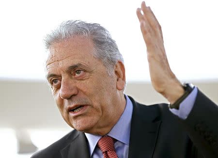 EU Migration Commissioner Dimitris Avramopoulos gestures before the meeting on global responsibility sharing through pathways for admission of Syrian refugees, at the United Nations in Geneva, Switzerland, in this March 30, 2016 file photo. REUTERS/Denis Balibouse/Files