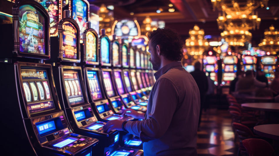 A technician working on a slot tournament terminal in a large casino.