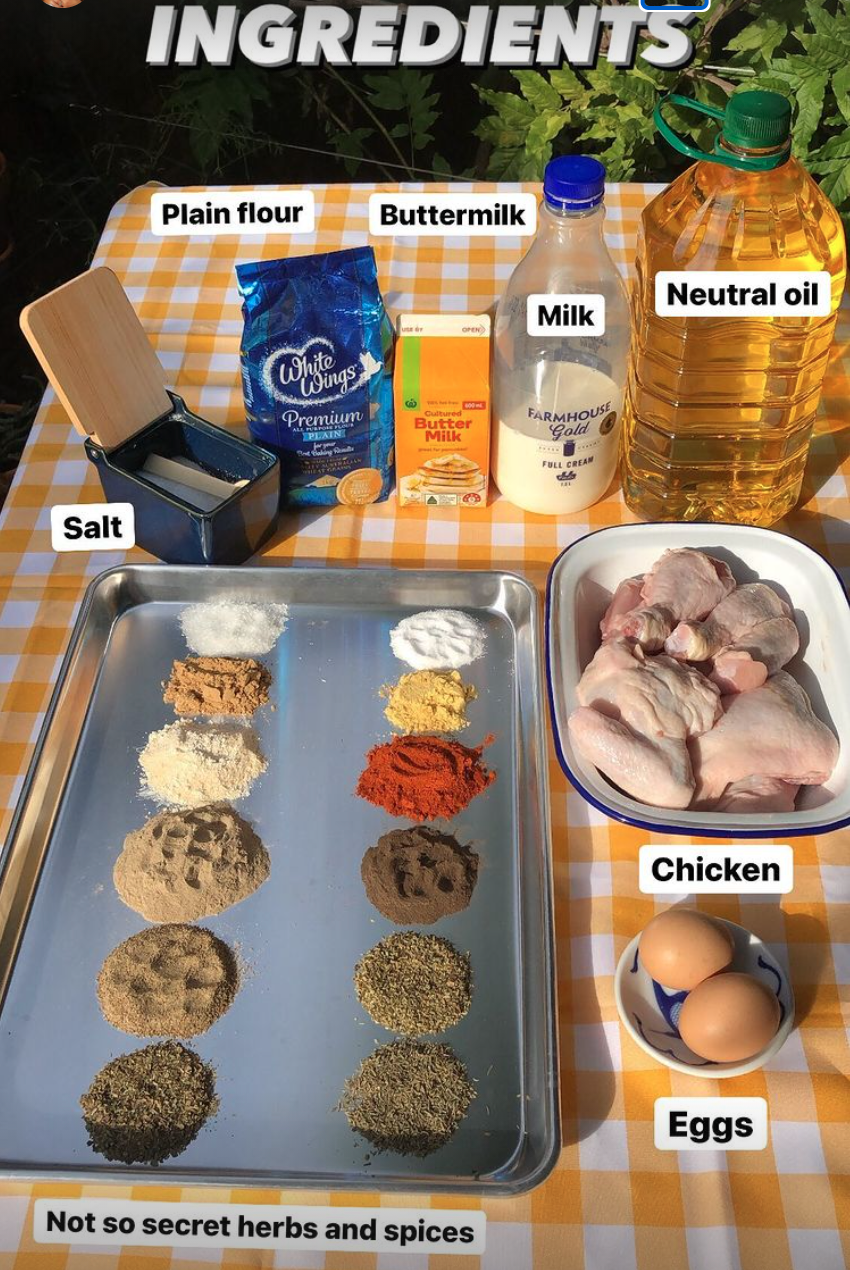 Ingredients for KFC recipe laid out on table