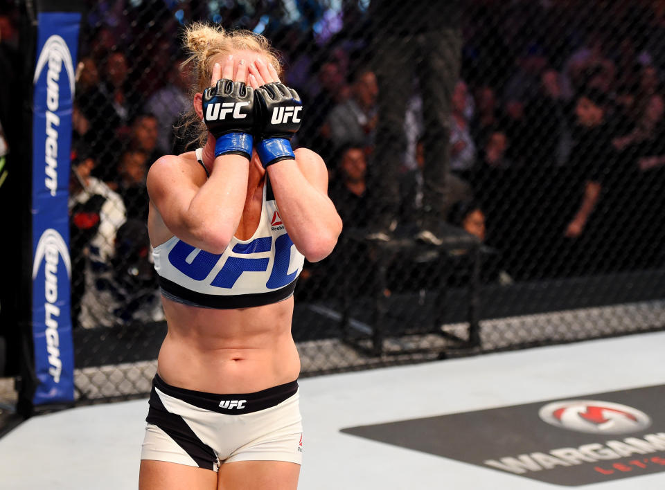 MELBOURNE, AUSTRALIA - NOVEMBER 15:  Holly Holm celebrates her second round KO (headkick and punches) over Ronda Rousey (not pictured) in their UFC women's bantamweight championship bout during the UFC 193 event at Etihad Stadium on November 15, 2015 in Melbourne, Australia.  (Photo by Josh Hedges/Zuffa LLC/Zuffa LLC via Getty Images)