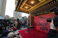 Andrew Lloyd Webber announces the upcoming production of "Bad Cinderella" outside the Imperial Theatre on Monday, Oct. 3, 2022, in New York. (Photo by Charles Sykes/Invision/AP)