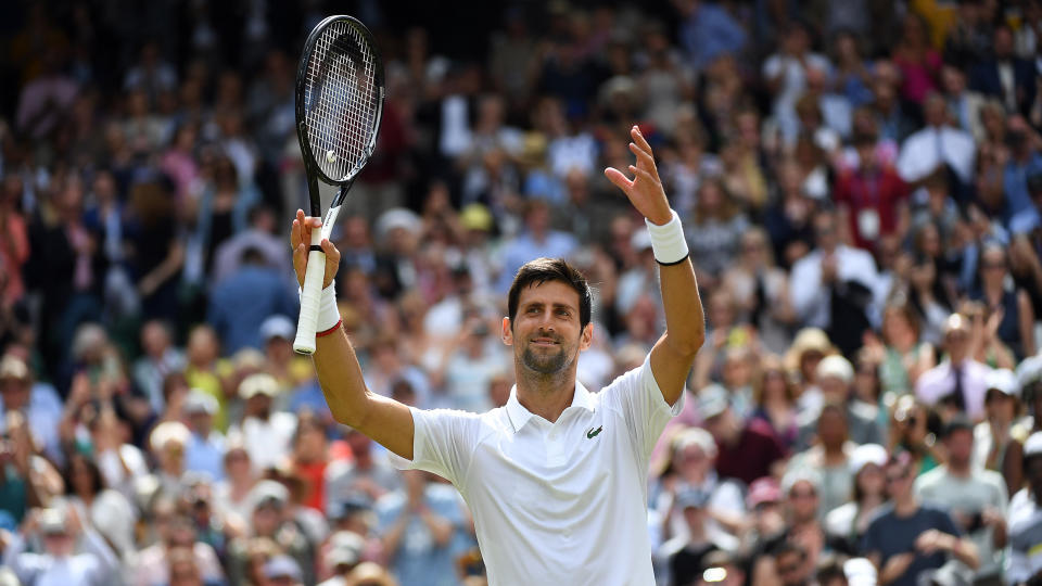 Editorial use onlyMandatory Credit: Photo by ANDY RAIN/EPA-EFE/Shutterstock (10325444ac)Novak Djokovic of Serbia celebrates his straight sets win over Philipp Kohlschreiber of Germany in their first round match during the Wimbledon Championships at the All England Lawn Tennis Club, in London, Britain, 01 July 2019.