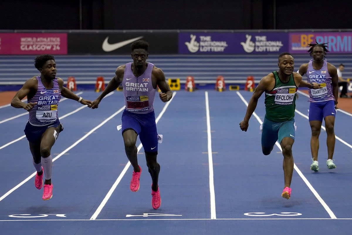 Reece Prescod, centre left, ran his fastest time of the year to win the men’s 60 metre UK Indoor Championship title (Martin Rickett/PA) (PA Wire)