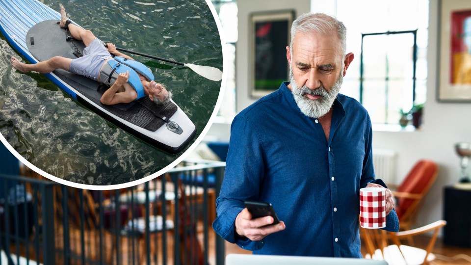 Pictured: Australian man close to retirement working from home, and Australian man on a kayak. Images: Getty