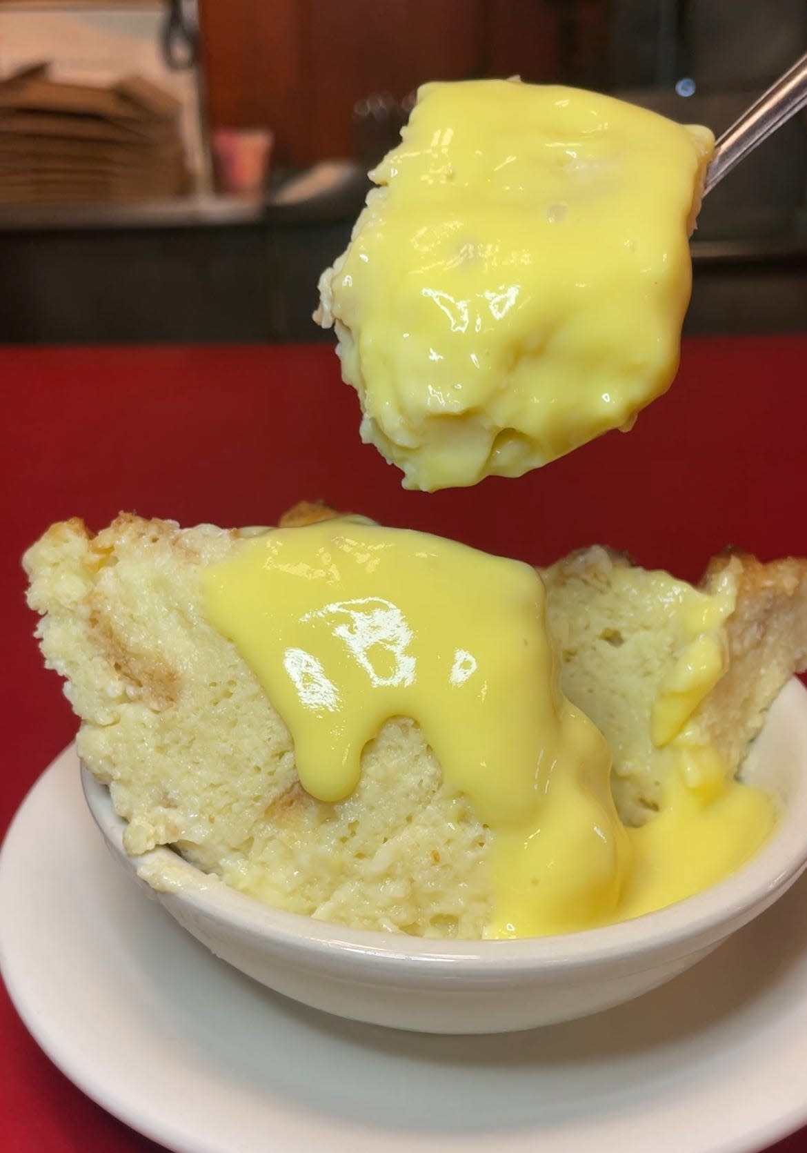 The bread pudding with brandy sauce at Rutt's Hut.