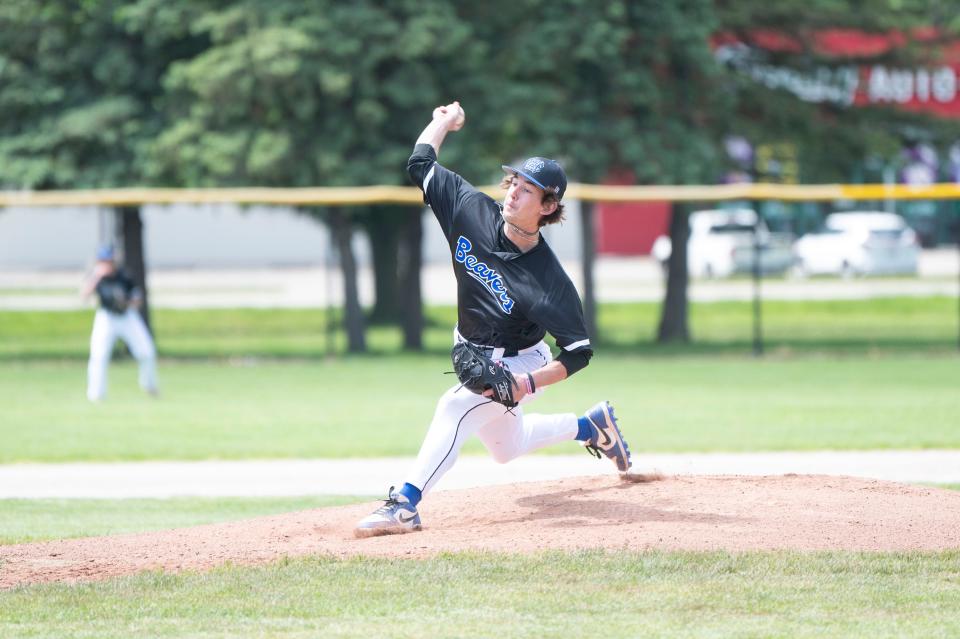 Harper Creek's Tyler Wolfersberger pitches during the All-City final game against Lakeview at Bailey Park on Saturday, May 11, 2024.