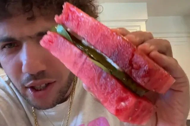 <p>Benny Blanco/TikTok</p> Benny Blanco shows his followers the "watermelon pickle sandwich" he created for a TikTok