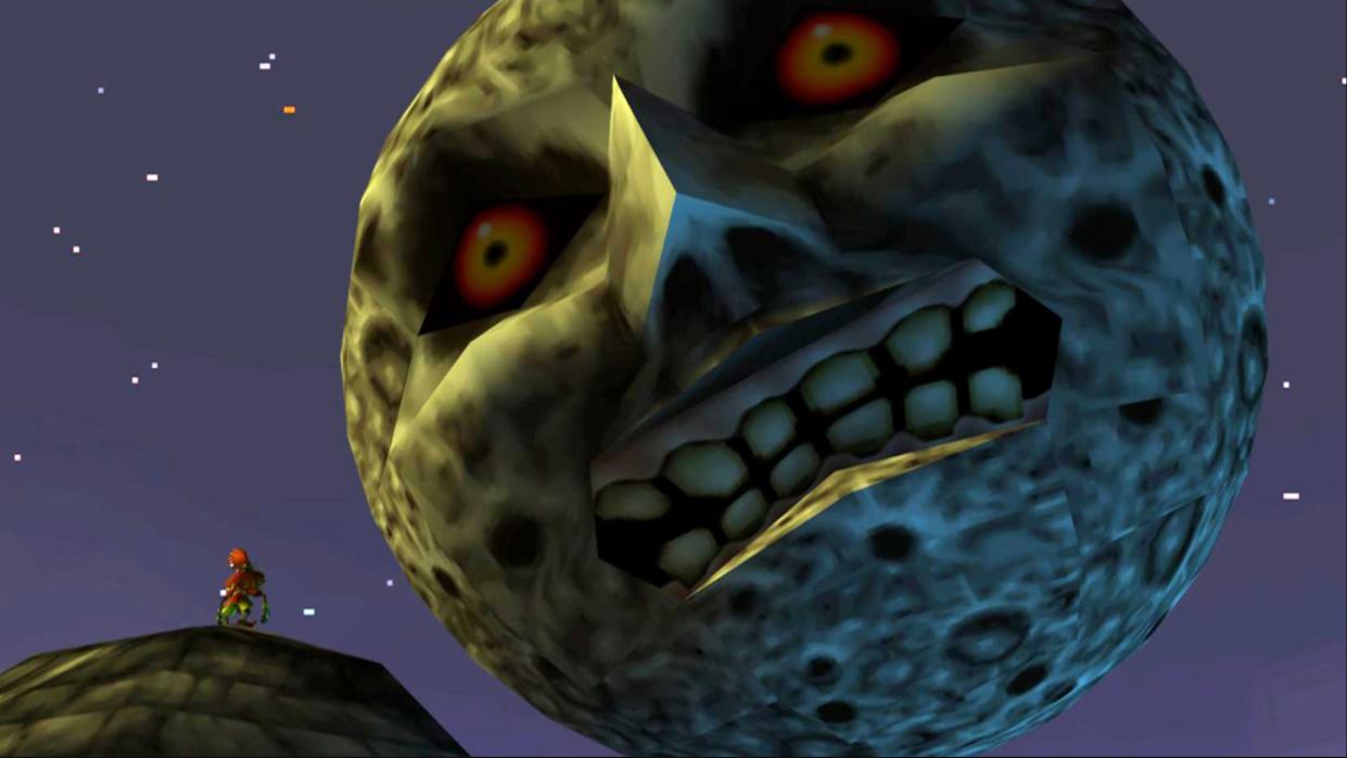  Majora's Mask moon looking down at skullkid from night sky. 