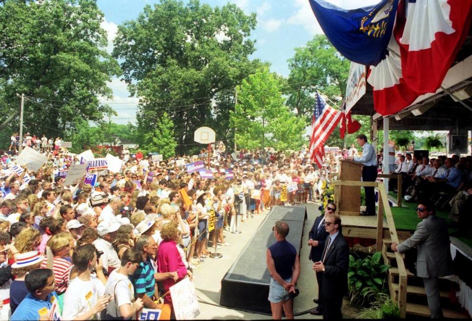 Democratic vice presidential nominee Al Gore spoke to the crowd at Kentucky’s Fancy Farm picnic, August 1, 1992. About 50 people carrying Bush-Quayle signs stood in front of the speakers stage at the annual political speaking event and shouted taunts at the Tennessee senator. But Gore repeatedly turned down the hecklers’ own words against the, winning over the enthusiastic crowd of Western Kentucky Democrats. The Bush backers chanted “Four more years,” in their support of the incumbent president. Gore said, “I hear this group with the Bush-Quayle signs there saying ‘Four more years.’ Wait a minute. Let’s just have a referendum right here. Do you want four more years of the same old stuff? Do you want four more years of a ‘Read my lips’ recession? Do you want four more years of government for the privileged few?” Photo by Tim Sharp | staff