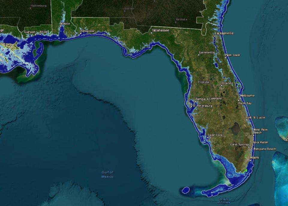 This image from NOAA's Sea Level Rise Viewer shows what happens to Florida if the sea level rises three feet.