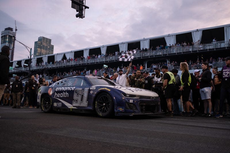 Shane Van Gisbergen, winner of the 2023 Nascar cup series race, celebrates in Chicago, Illinois, on Sunday, July 2, 2023