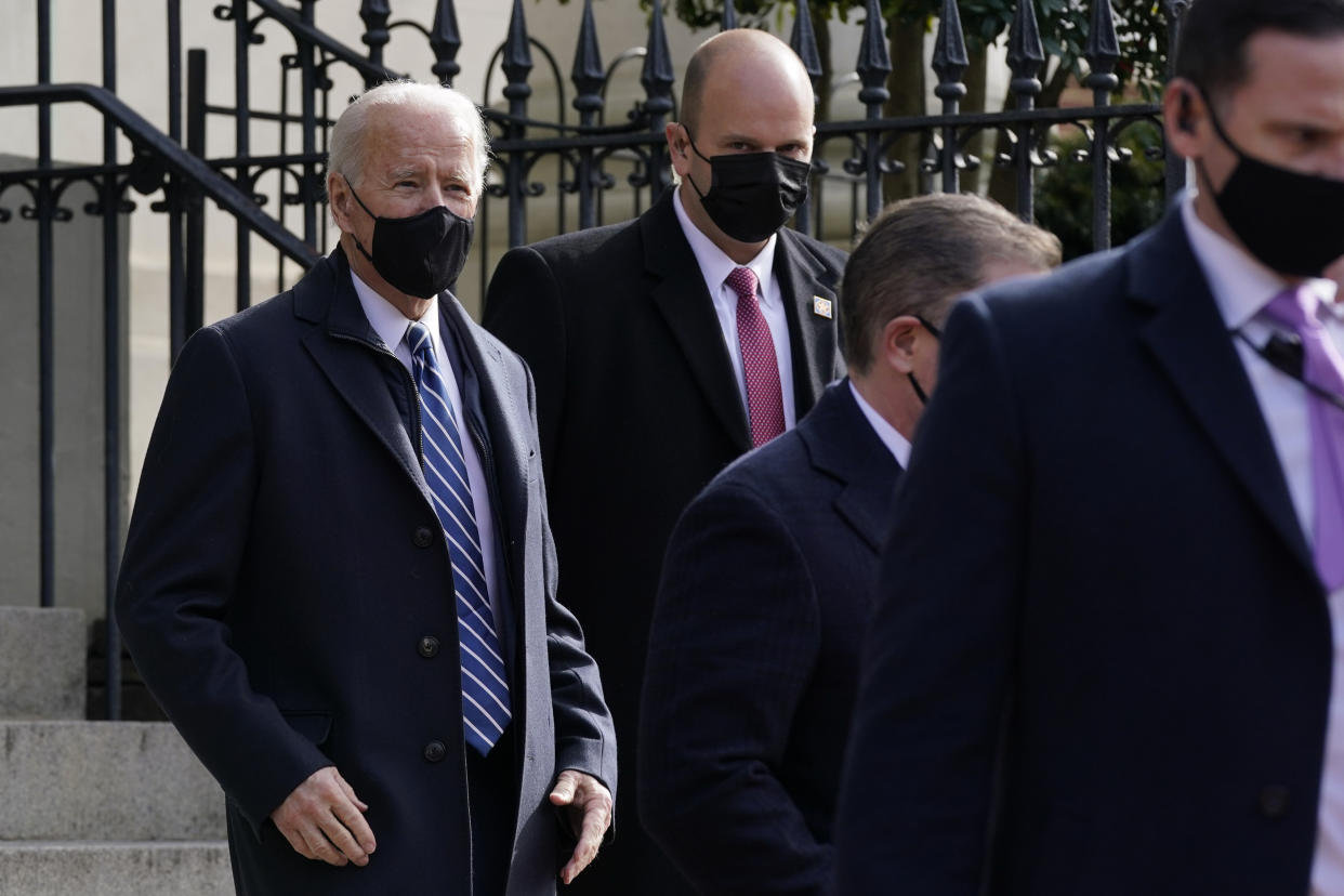 President Joe Biden departs after attending Mass at Holy Trinity Catholic Church, Sunday, Jan. 24, 2021, in the Georgetown neighborhood of Washington. (AP Photo/Patrick Semansky)