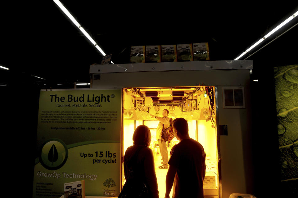 FILE - Jim Weber examines the inside of The Bud Light marijuana growing trailer at the International Cannabis & Hemp Expo, Saturday, April 17, 2010, in Daly City, Calif. The unit, once hooked up to electricity and water supplies, is a turnkey marijuana growing space. (AP Photo/Noah Berger, File)