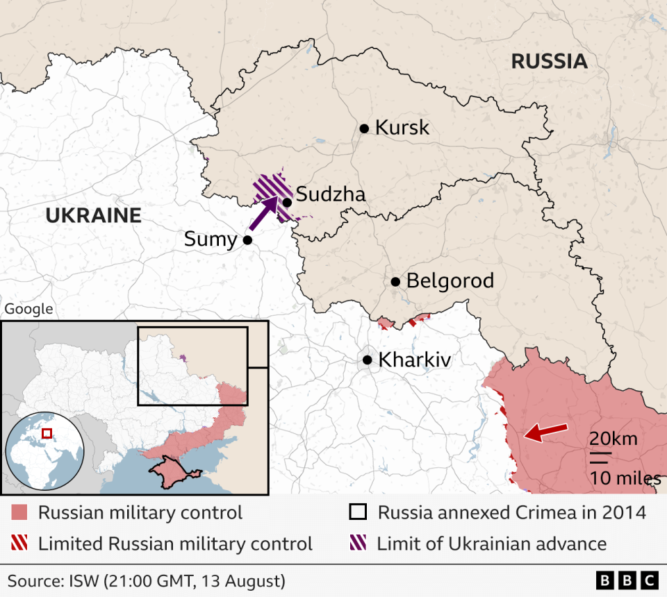 Map showing the Ukrainian offensive inside Russia, across the border from Sumy, and the regions of Kursk and Belgorod which have declared a state of emergency.